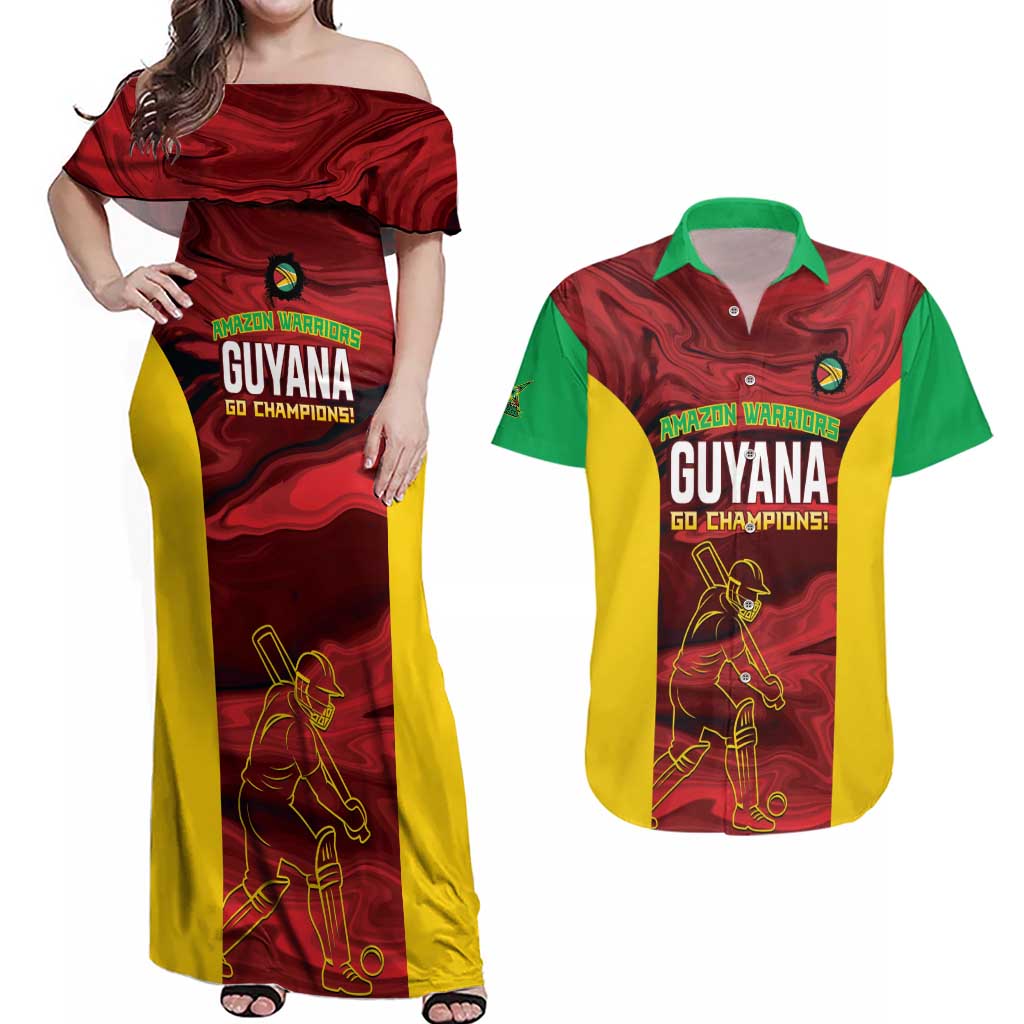 Custom Guyana Cricket Couples Matching Off Shoulder Maxi Dress and Hawaiian Shirt Go Amazon Warriors Marble Pattern - Wonder Print Shop