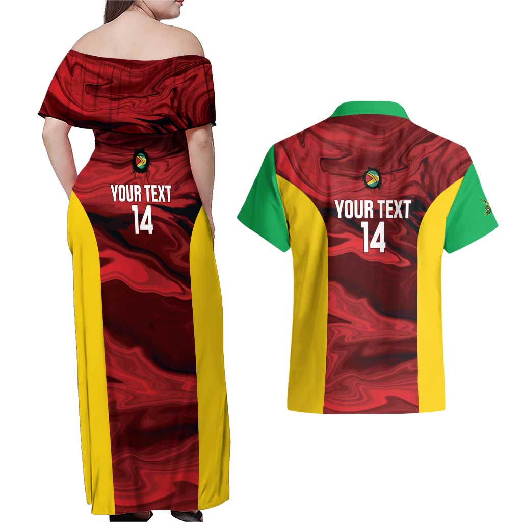 Custom Guyana Cricket Couples Matching Off Shoulder Maxi Dress and Hawaiian Shirt Go Amazon Warriors Marble Pattern - Wonder Print Shop