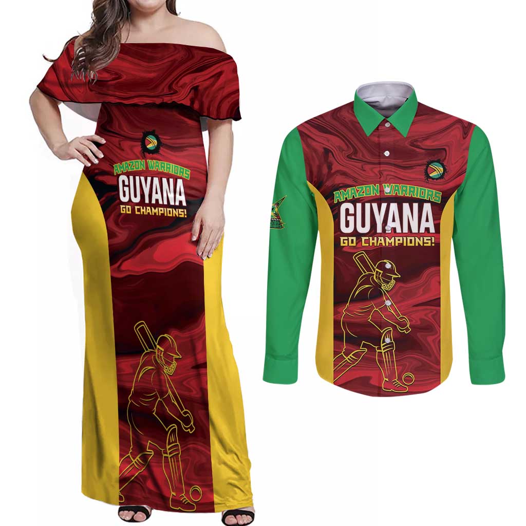 Custom Guyana Cricket Couples Matching Off Shoulder Maxi Dress and Long Sleeve Button Shirt Go Amazon Warriors Marble Pattern - Wonder Print Shop