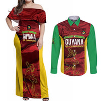 Custom Guyana Cricket Couples Matching Off Shoulder Maxi Dress and Long Sleeve Button Shirt Go Amazon Warriors Marble Pattern - Wonder Print Shop