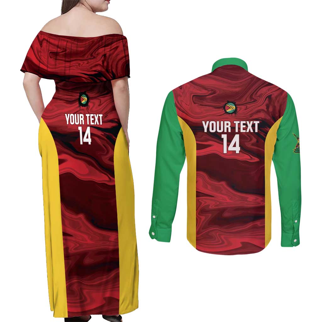 Custom Guyana Cricket Couples Matching Off Shoulder Maxi Dress and Long Sleeve Button Shirt Go Amazon Warriors Marble Pattern - Wonder Print Shop