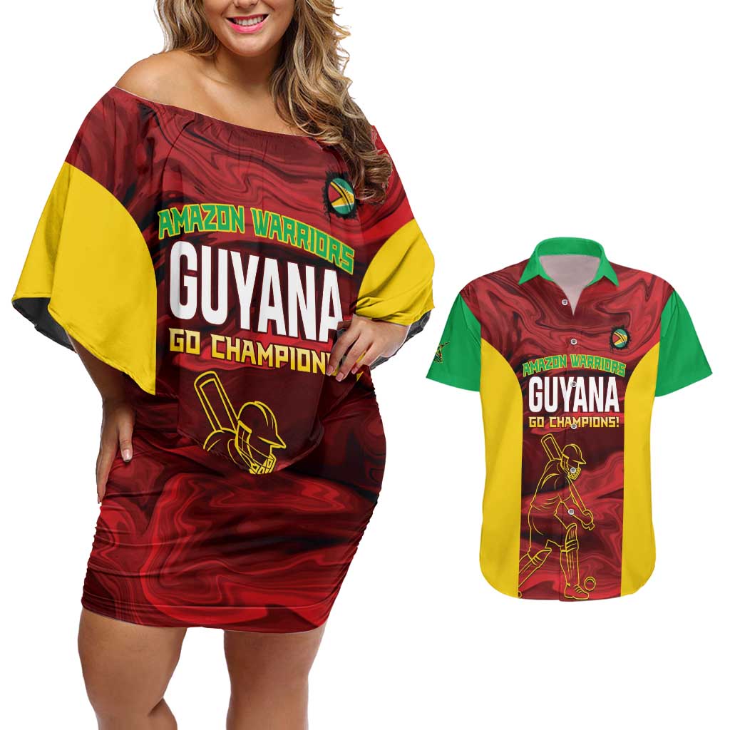 Custom Guyana Cricket Couples Matching Off Shoulder Short Dress and Hawaiian Shirt Go Amazon Warriors Marble Pattern - Wonder Print Shop