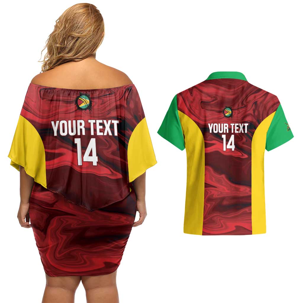 Custom Guyana Cricket Couples Matching Off Shoulder Short Dress and Hawaiian Shirt Go Amazon Warriors Marble Pattern - Wonder Print Shop