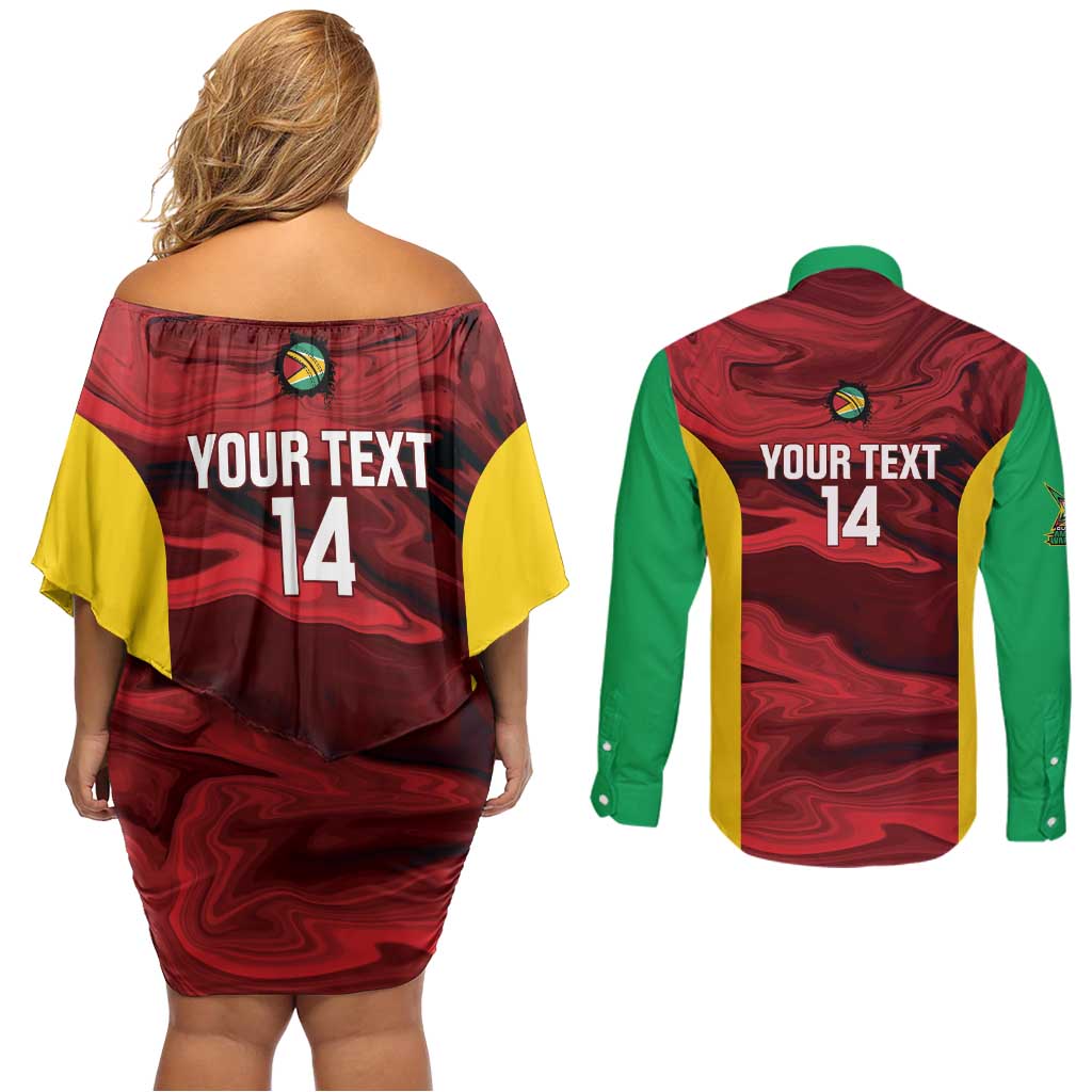 Custom Guyana Cricket Couples Matching Off Shoulder Short Dress and Long Sleeve Button Shirt Go Amazon Warriors Marble Pattern - Wonder Print Shop