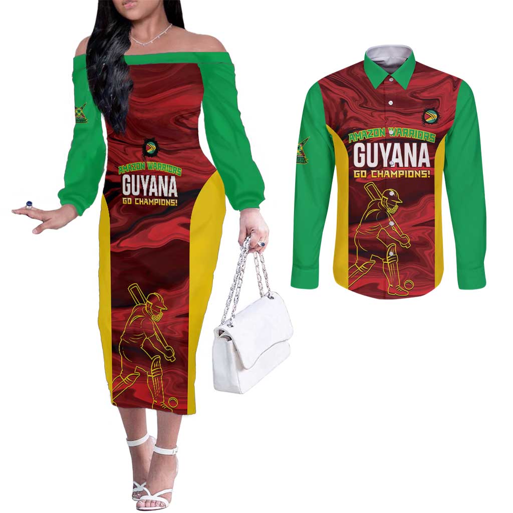 Custom Guyana Cricket Couples Matching Off The Shoulder Long Sleeve Dress and Long Sleeve Button Shirt Go Amazon Warriors Marble Pattern - Wonder Print Shop