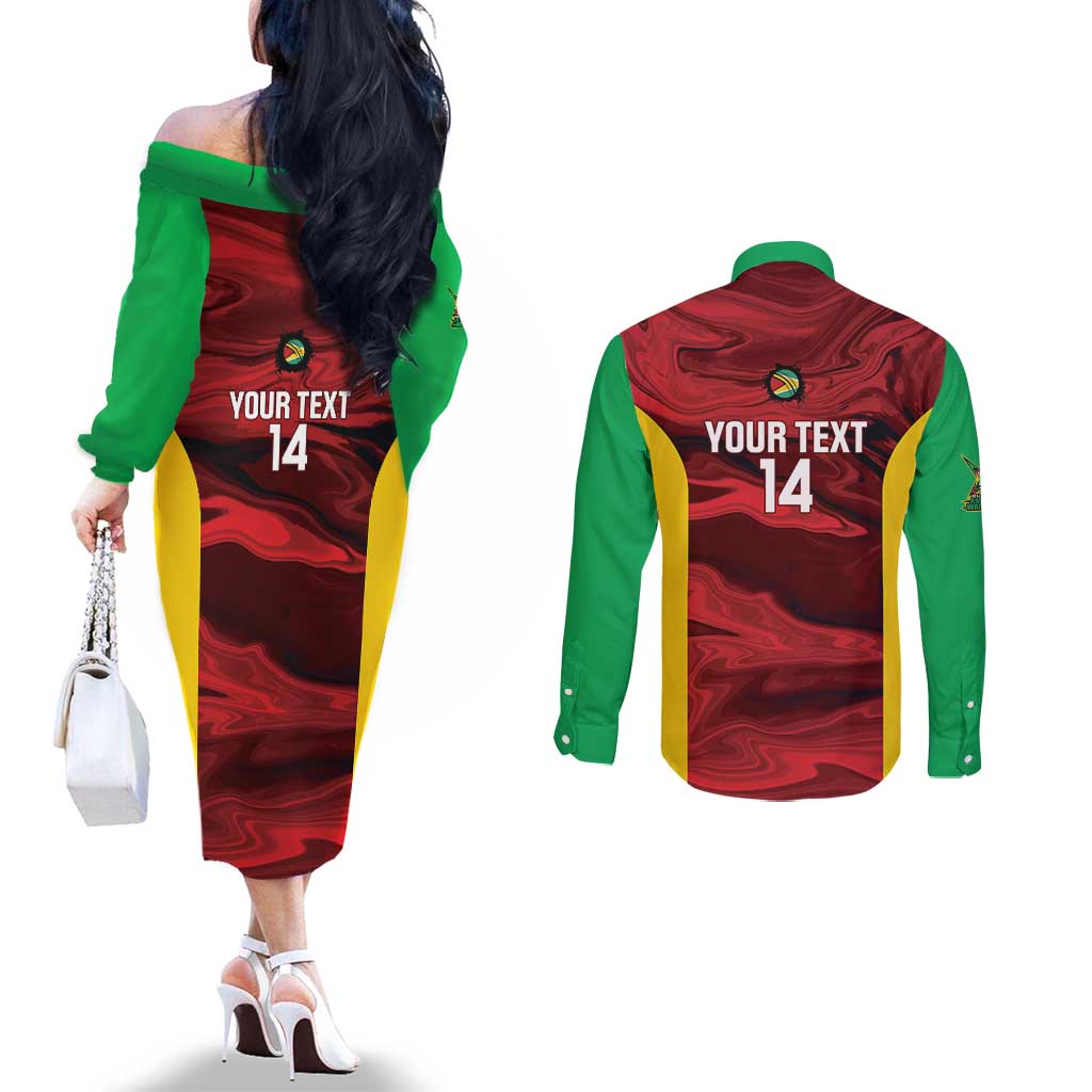 Custom Guyana Cricket Couples Matching Off The Shoulder Long Sleeve Dress and Long Sleeve Button Shirt Go Amazon Warriors Marble Pattern - Wonder Print Shop