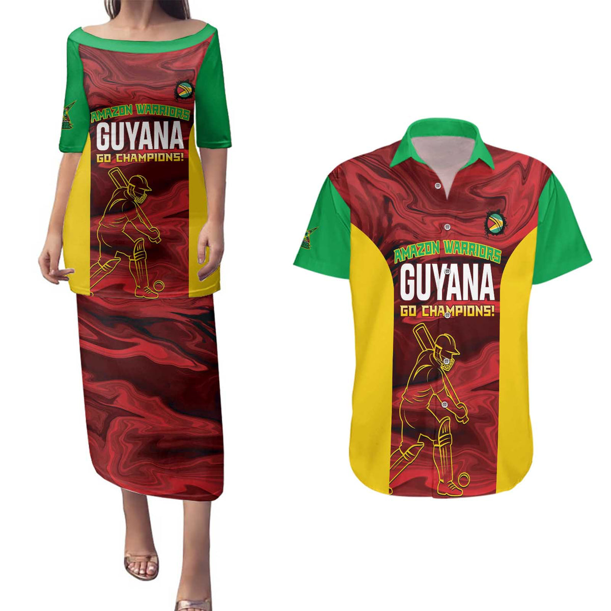 Custom Guyana Cricket Couples Matching Puletasi and Hawaiian Shirt Go Amazon Warriors Marble Pattern - Wonder Print Shop