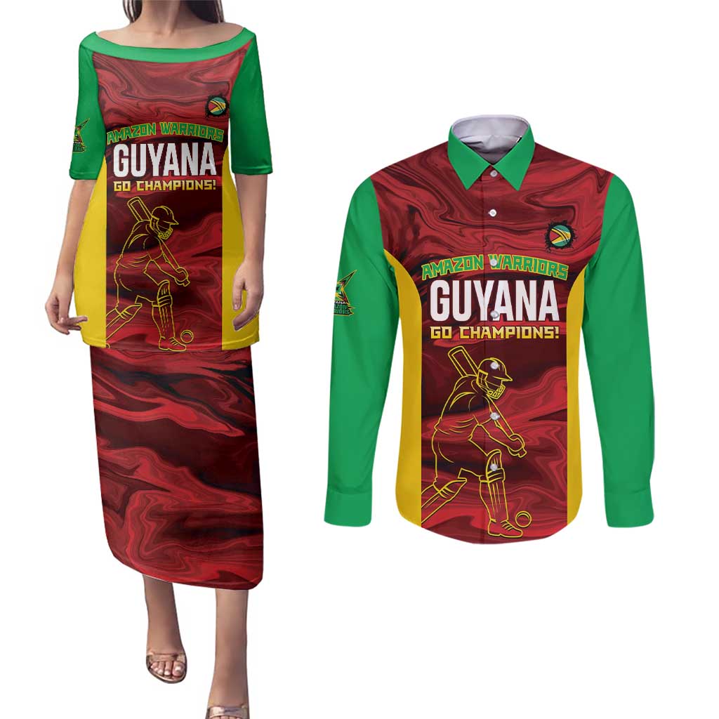 Custom Guyana Cricket Couples Matching Puletasi and Long Sleeve Button Shirt Go Amazon Warriors Marble Pattern - Wonder Print Shop