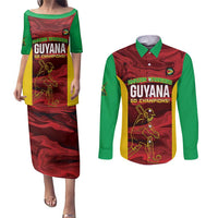 Custom Guyana Cricket Couples Matching Puletasi and Long Sleeve Button Shirt Go Amazon Warriors Marble Pattern - Wonder Print Shop