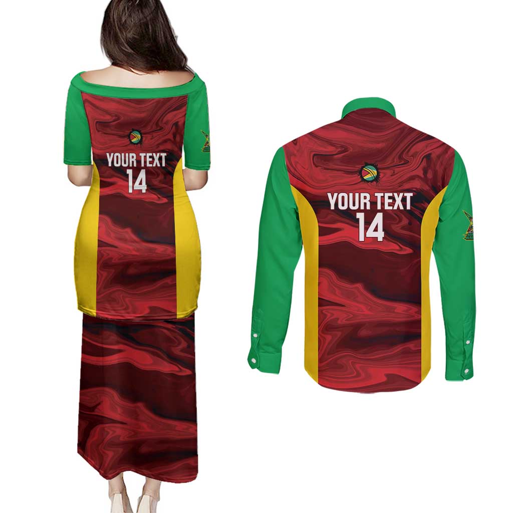 Custom Guyana Cricket Couples Matching Puletasi and Long Sleeve Button Shirt Go Amazon Warriors Marble Pattern - Wonder Print Shop