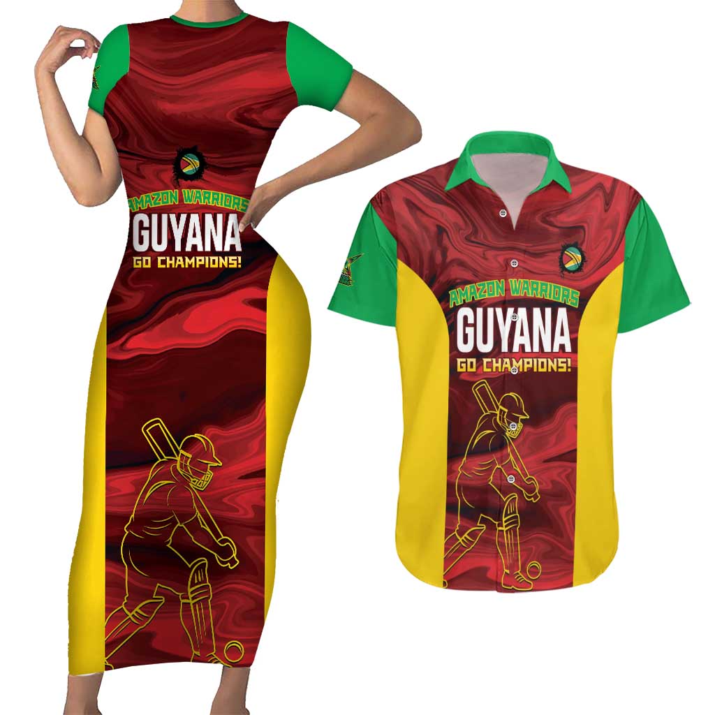 Custom Guyana Cricket Couples Matching Short Sleeve Bodycon Dress and Hawaiian Shirt Go Amazon Warriors Marble Pattern - Wonder Print Shop