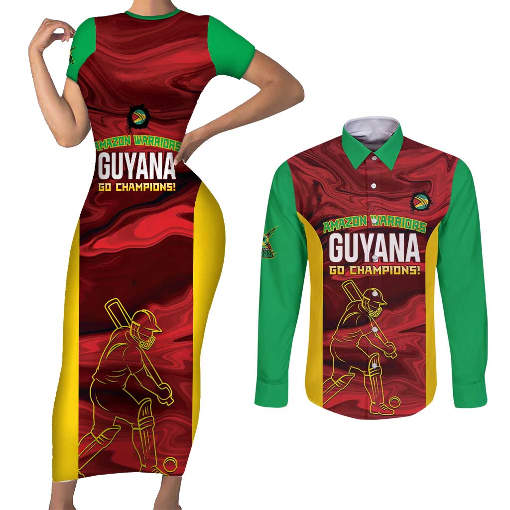 Custom Guyana Cricket Couples Matching Short Sleeve Bodycon Dress and Long Sleeve Button Shirt Go Amazon Warriors Marble Pattern - Wonder Print Shop