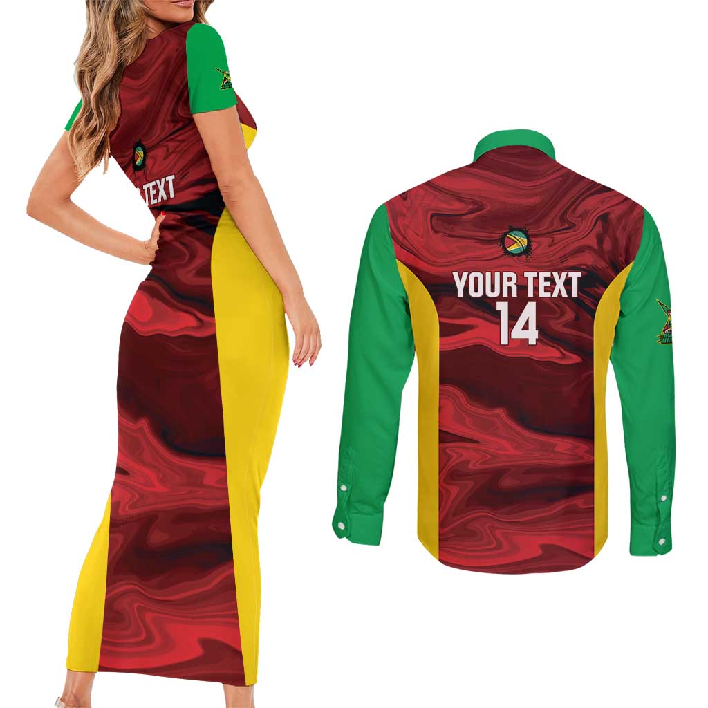 Custom Guyana Cricket Couples Matching Short Sleeve Bodycon Dress and Long Sleeve Button Shirt Go Amazon Warriors Marble Pattern - Wonder Print Shop