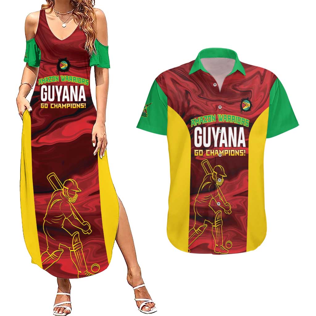 Custom Guyana Cricket Couples Matching Summer Maxi Dress and Hawaiian Shirt Go Amazon Warriors Marble Pattern - Wonder Print Shop
