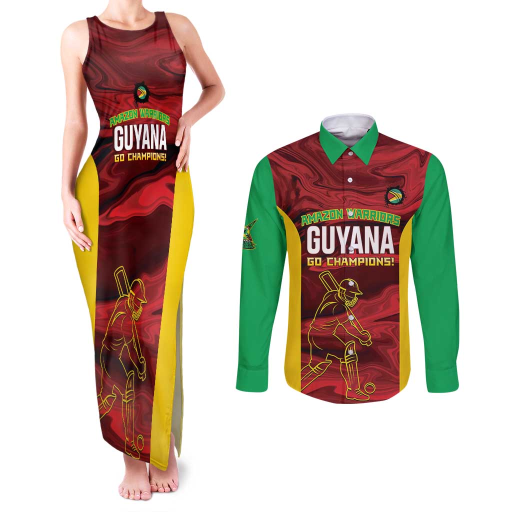 Custom Guyana Cricket Couples Matching Tank Maxi Dress and Long Sleeve Button Shirt Go Amazon Warriors Marble Pattern - Wonder Print Shop