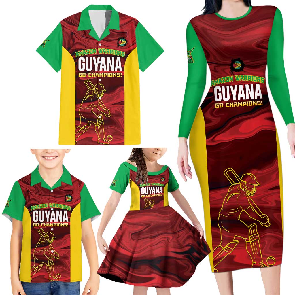 Custom Guyana Cricket Family Matching Long Sleeve Bodycon Dress and Hawaiian Shirt Go Amazon Warriors Marble Pattern - Wonder Print Shop
