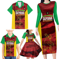Custom Guyana Cricket Family Matching Long Sleeve Bodycon Dress and Hawaiian Shirt Go Amazon Warriors Marble Pattern - Wonder Print Shop