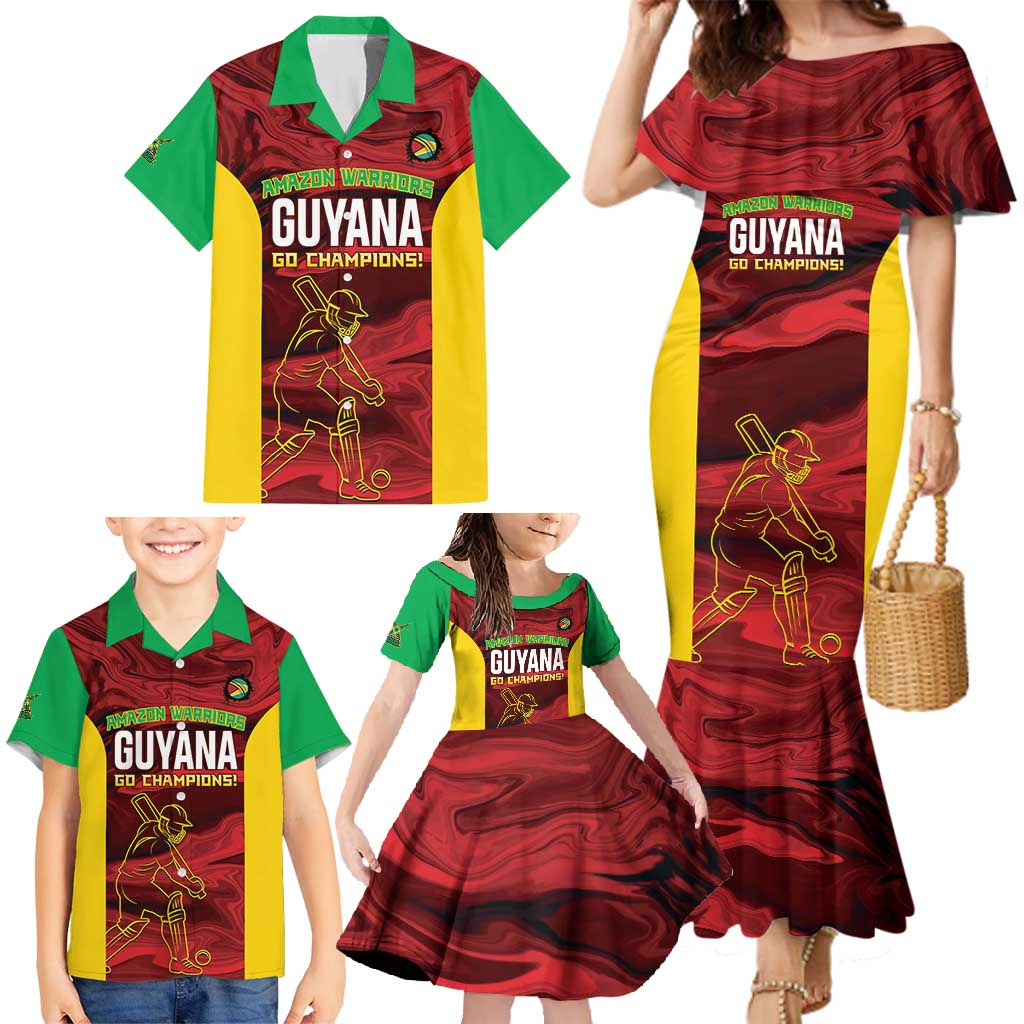 Custom Guyana Cricket Family Matching Mermaid Dress and Hawaiian Shirt Go Amazon Warriors Marble Pattern - Wonder Print Shop