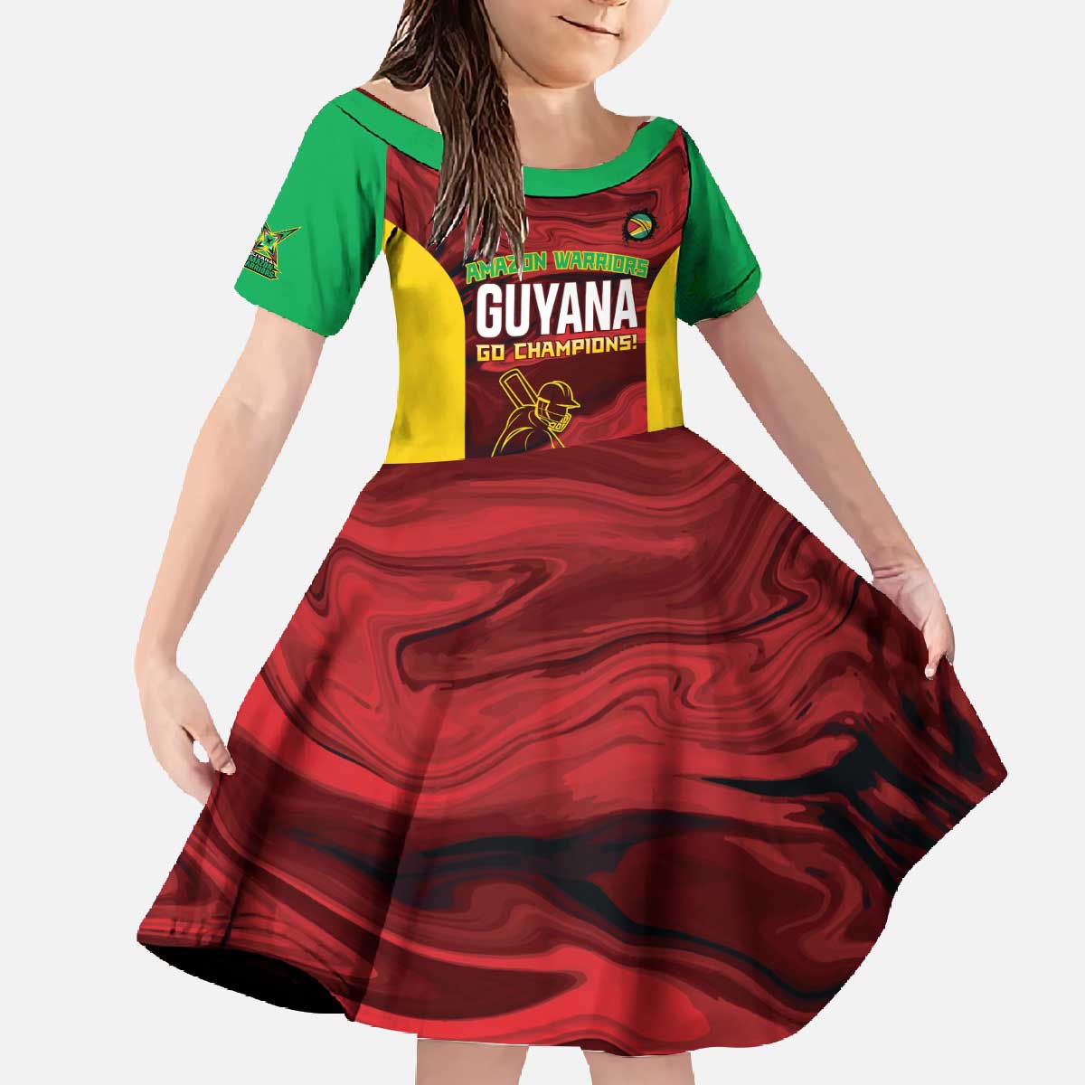 Custom Guyana Cricket Family Matching Off The Shoulder Long Sleeve Dress and Hawaiian Shirt Go Amazon Warriors Marble Pattern - Wonder Print Shop