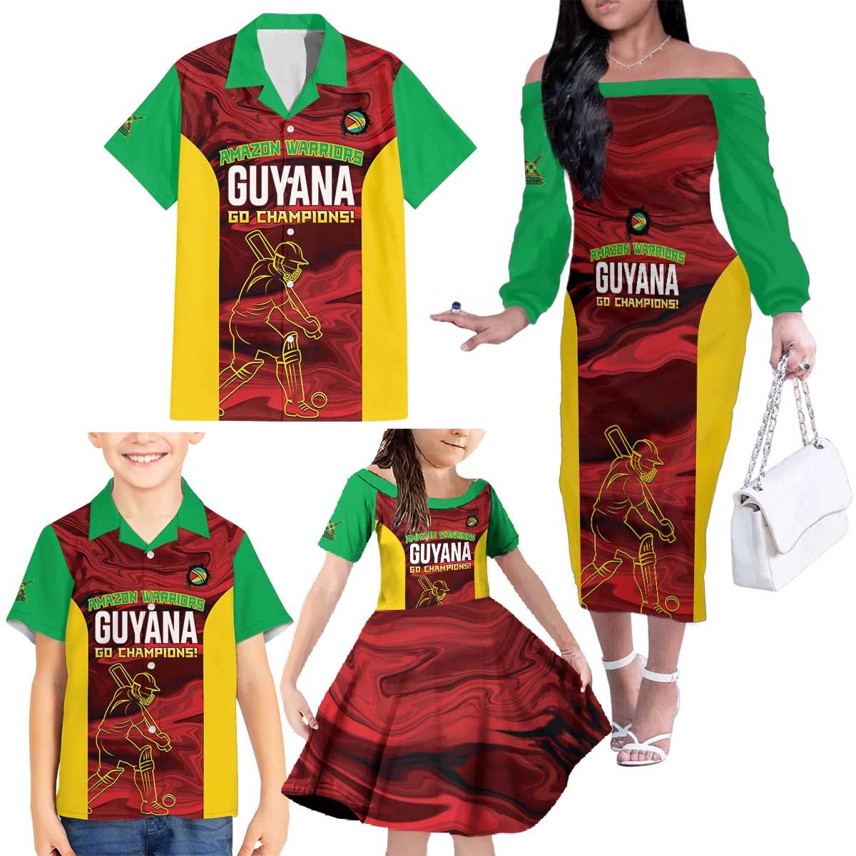 Custom Guyana Cricket Family Matching Off The Shoulder Long Sleeve Dress and Hawaiian Shirt Go Amazon Warriors Marble Pattern - Wonder Print Shop