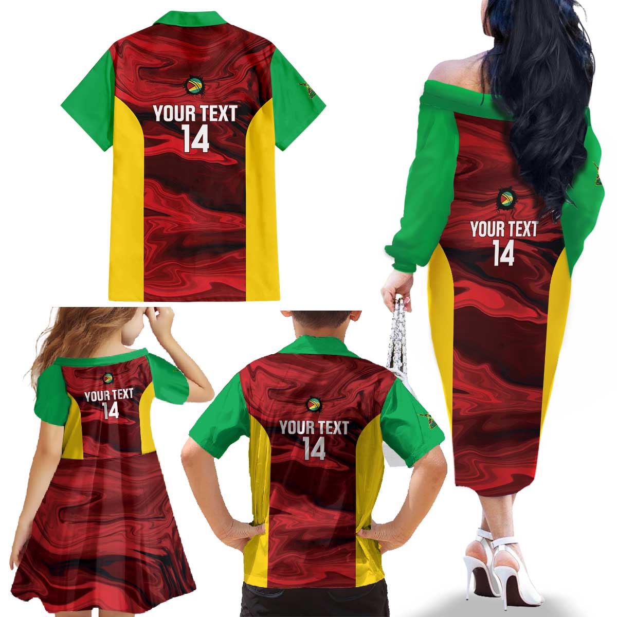 Custom Guyana Cricket Family Matching Off The Shoulder Long Sleeve Dress and Hawaiian Shirt Go Amazon Warriors Marble Pattern - Wonder Print Shop
