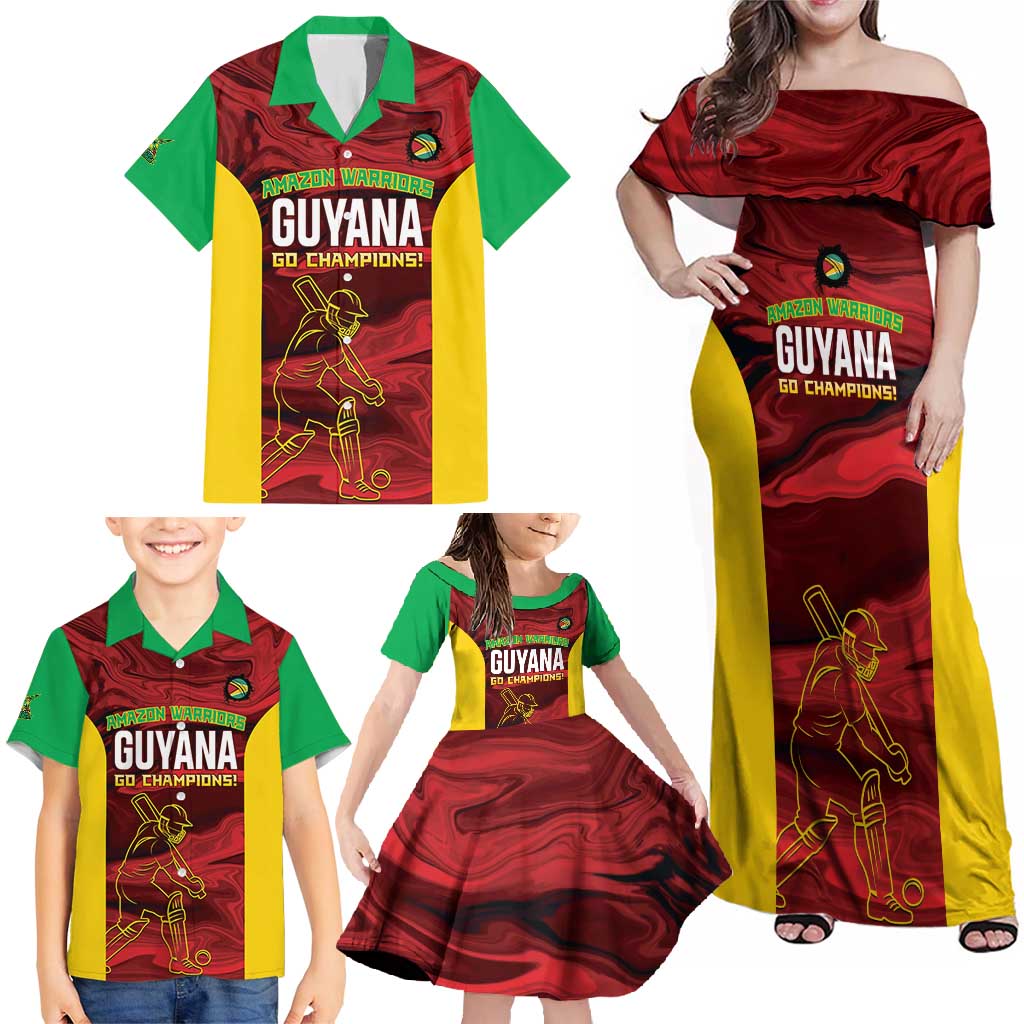 Custom Guyana Cricket Family Matching Off Shoulder Maxi Dress and Hawaiian Shirt Go Amazon Warriors Marble Pattern - Wonder Print Shop