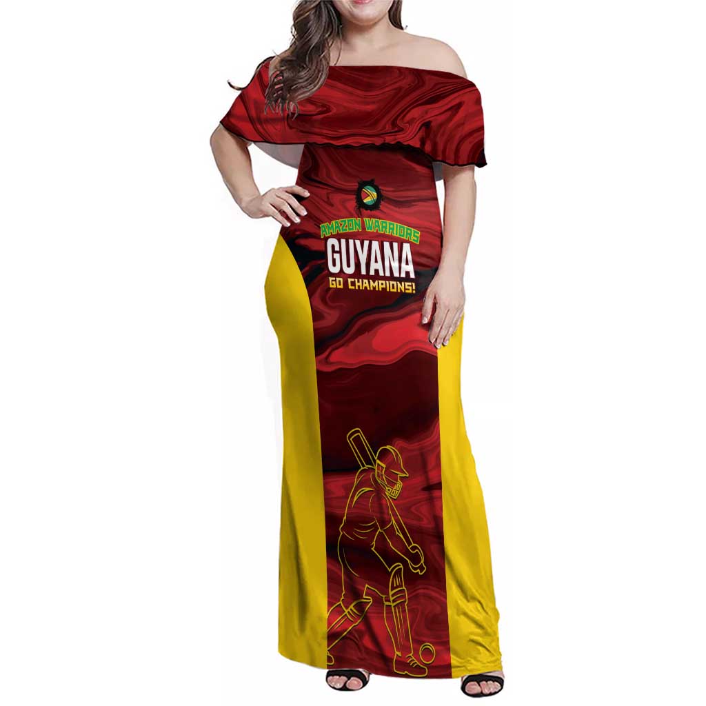 Custom Guyana Cricket Family Matching Off Shoulder Maxi Dress and Hawaiian Shirt Go Amazon Warriors Marble Pattern - Wonder Print Shop
