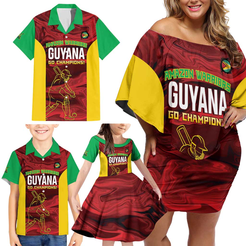 Custom Guyana Cricket Family Matching Off Shoulder Short Dress and Hawaiian Shirt Go Amazon Warriors Marble Pattern - Wonder Print Shop