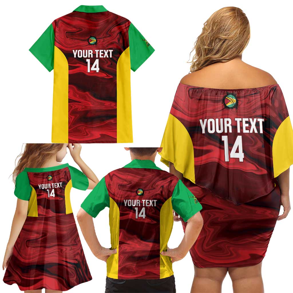 Custom Guyana Cricket Family Matching Off Shoulder Short Dress and Hawaiian Shirt Go Amazon Warriors Marble Pattern - Wonder Print Shop