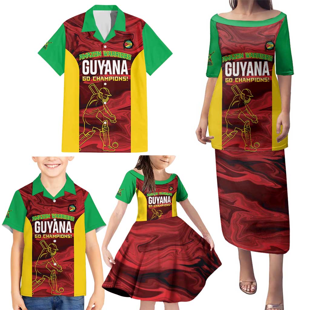 Custom Guyana Cricket Family Matching Puletasi and Hawaiian Shirt Go Amazon Warriors Marble Pattern - Wonder Print Shop