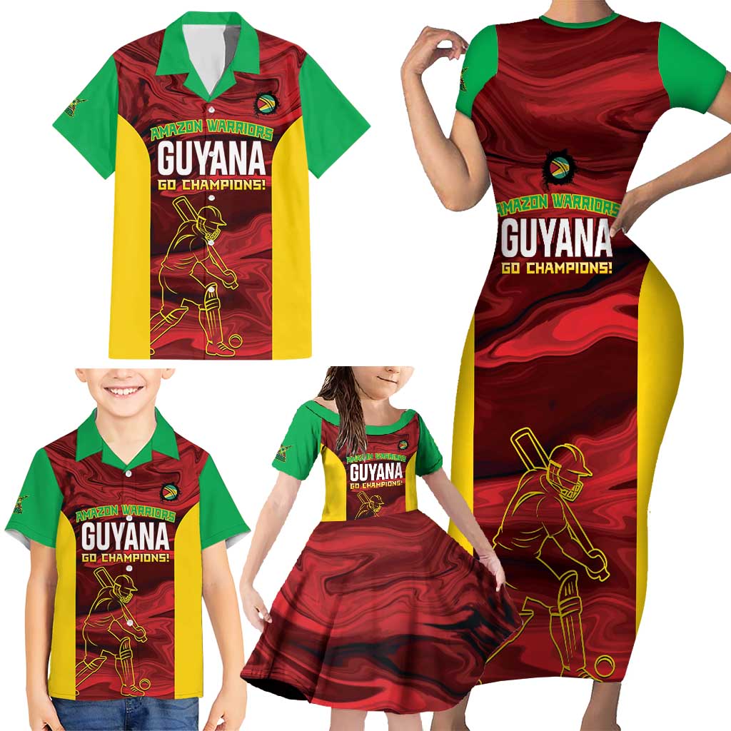 Custom Guyana Cricket Family Matching Short Sleeve Bodycon Dress and Hawaiian Shirt Go Amazon Warriors Marble Pattern - Wonder Print Shop