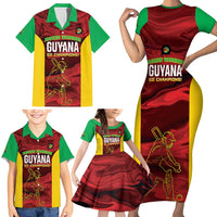 Custom Guyana Cricket Family Matching Short Sleeve Bodycon Dress and Hawaiian Shirt Go Amazon Warriors Marble Pattern - Wonder Print Shop