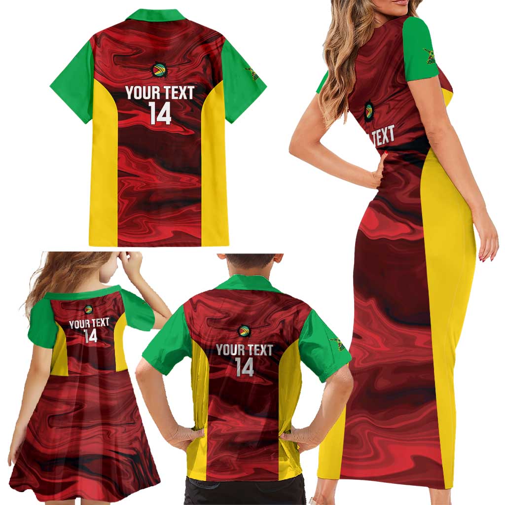 Custom Guyana Cricket Family Matching Short Sleeve Bodycon Dress and Hawaiian Shirt Go Amazon Warriors Marble Pattern - Wonder Print Shop