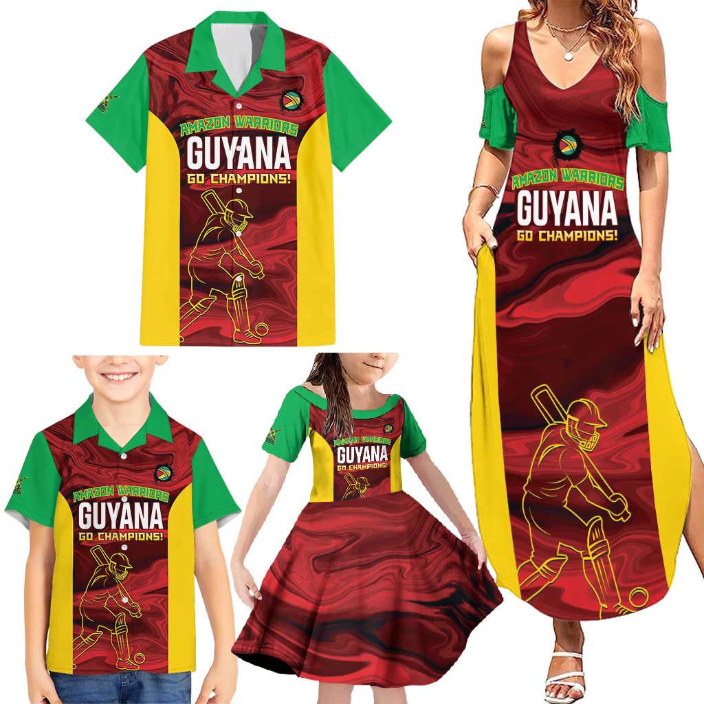 Custom Guyana Cricket Family Matching Summer Maxi Dress and Hawaiian Shirt Go Amazon Warriors Marble Pattern - Wonder Print Shop