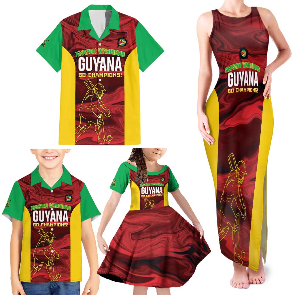 Custom Guyana Cricket Family Matching Tank Maxi Dress and Hawaiian Shirt Go Amazon Warriors Marble Pattern - Wonder Print Shop