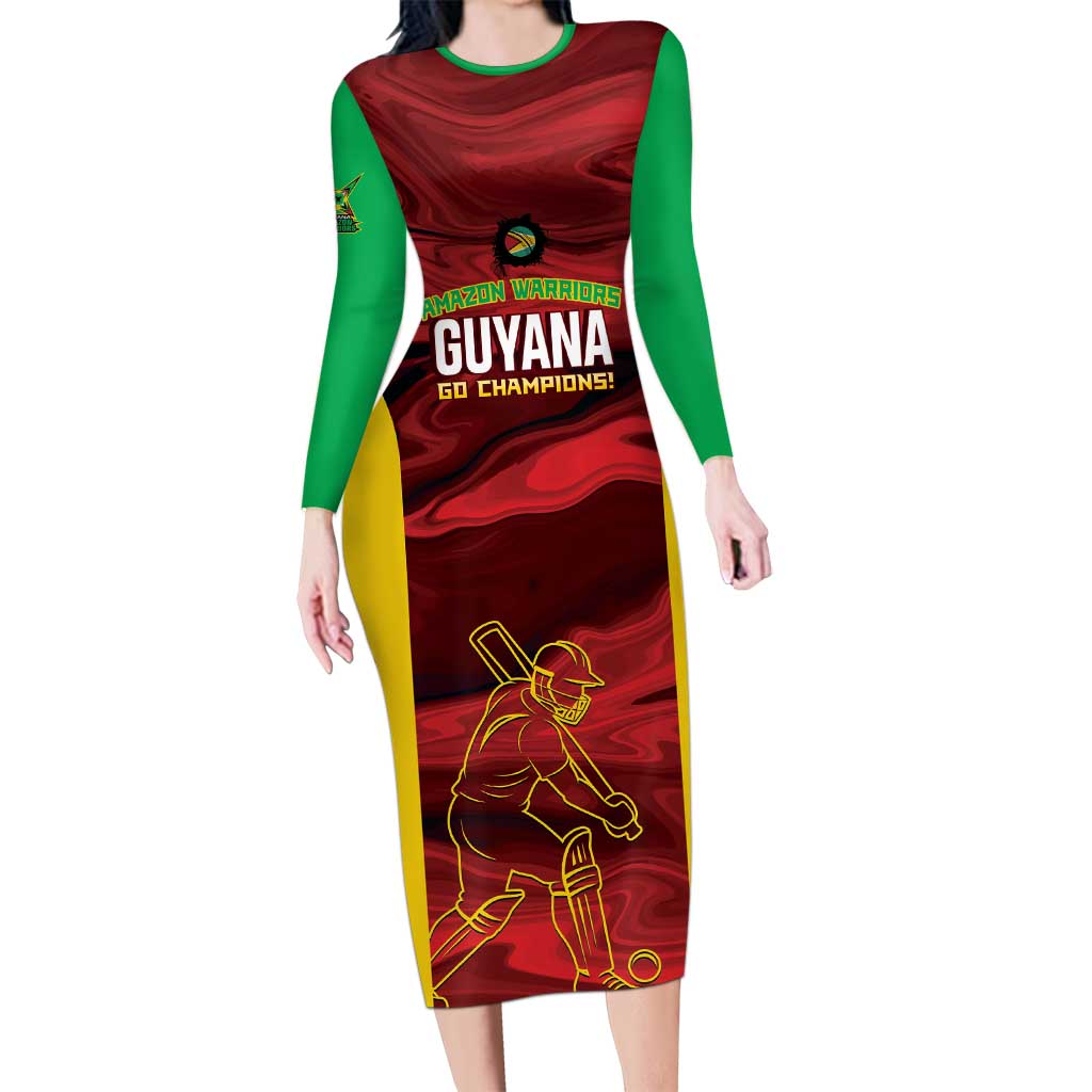 Custom Guyana Cricket Long Sleeve Bodycon Dress Go Amazon Warriors Marble Pattern - Wonder Print Shop