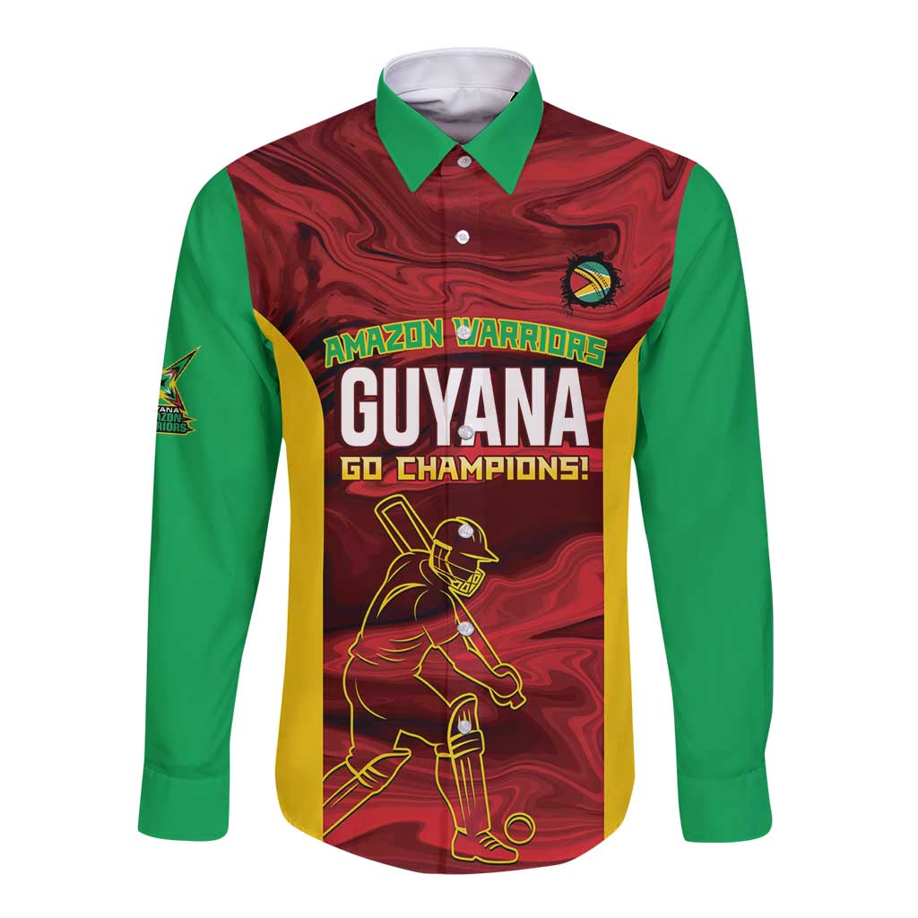 Custom Guyana Cricket Long Sleeve Button Shirt Go Amazon Warriors Marble Pattern - Wonder Print Shop