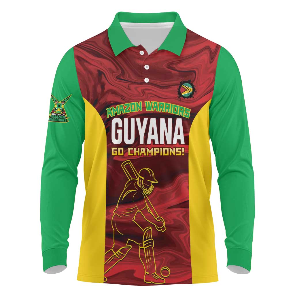 Custom Guyana Cricket Long Sleeve Polo Shirt Go Amazon Warriors Marble Pattern - Wonder Print Shop