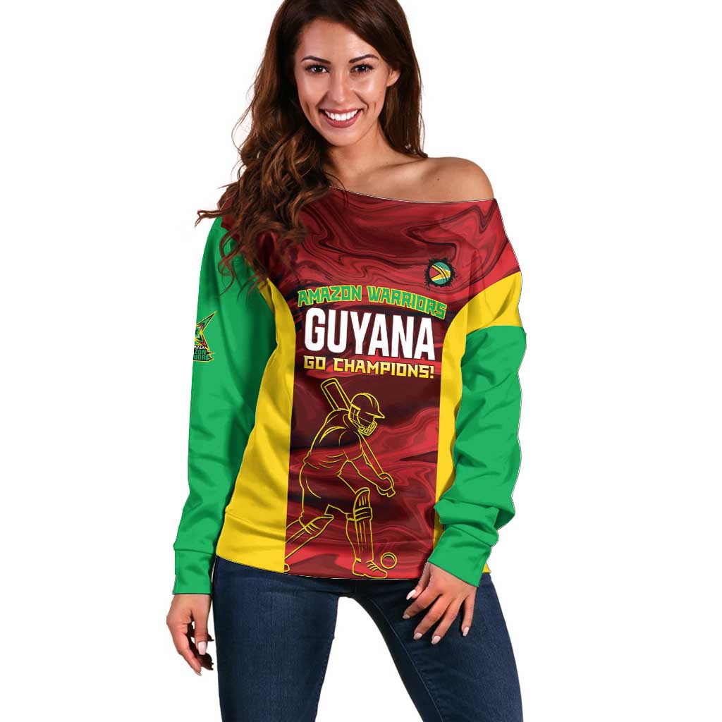 Custom Guyana Cricket Off Shoulder Sweater Go Amazon Warriors Marble Pattern - Wonder Print Shop
