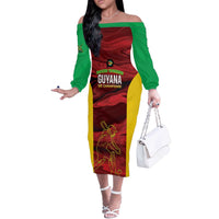 Custom Guyana Cricket Off The Shoulder Long Sleeve Dress Go Amazon Warriors Marble Pattern - Wonder Print Shop