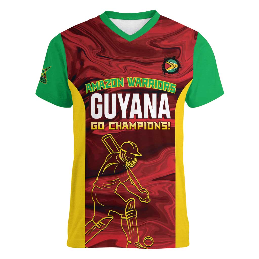 Custom Guyana Cricket Women V-Neck T-Shirt Go Amazon Warriors Marble Pattern - Wonder Print Shop