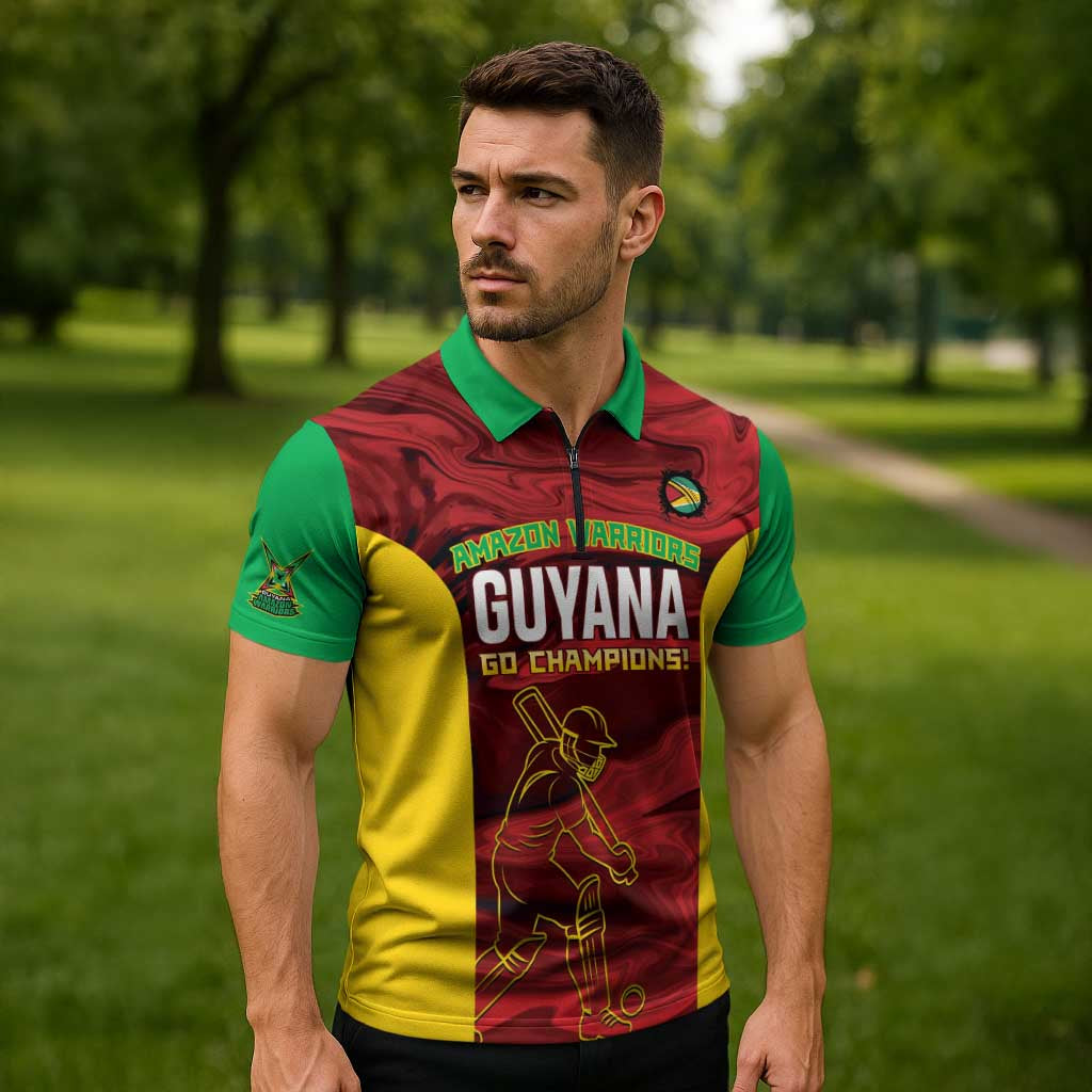 Custom Guyana Cricket Zipper Polo Shirt Go Amazon Warriors Marble Pattern - Wonder Print Shop