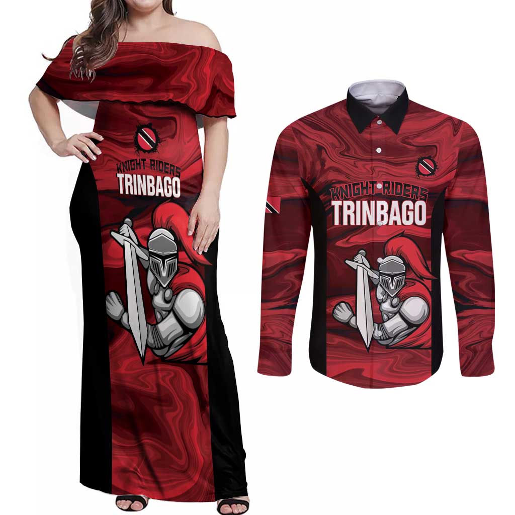 Custom Trinbago Cricket Couples Matching Off Shoulder Maxi Dress and Long Sleeve Button Shirt Go Knight Riders Marble Pattern - Wonder Print Shop