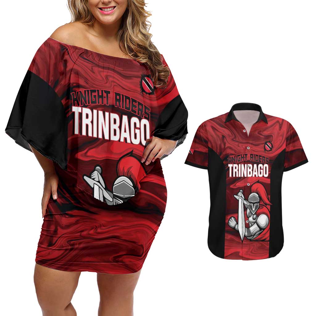 Custom Trinbago Cricket Couples Matching Off Shoulder Short Dress and Hawaiian Shirt Go Knight Riders Marble Pattern - Wonder Print Shop