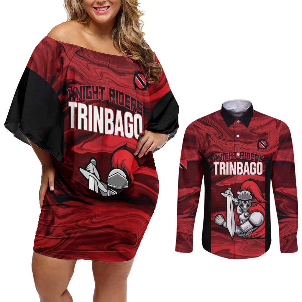 Custom Trinbago Cricket Couples Matching Off Shoulder Short Dress and Long Sleeve Button Shirt Go Knight Riders Marble Pattern - Wonder Print Shop