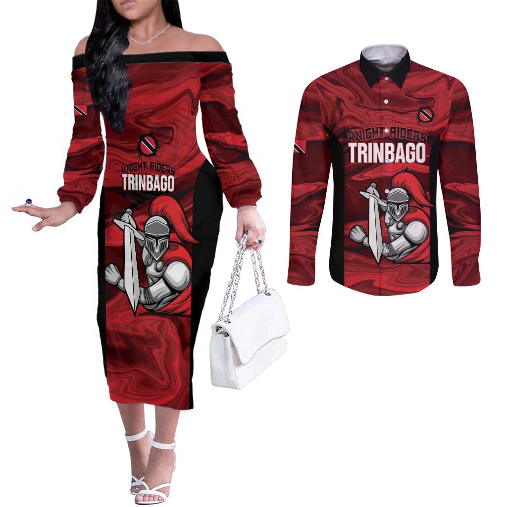 Custom Trinbago Cricket Couples Matching Off The Shoulder Long Sleeve Dress and Long Sleeve Button Shirt Go Knight Riders Marble Pattern - Wonder Print Shop