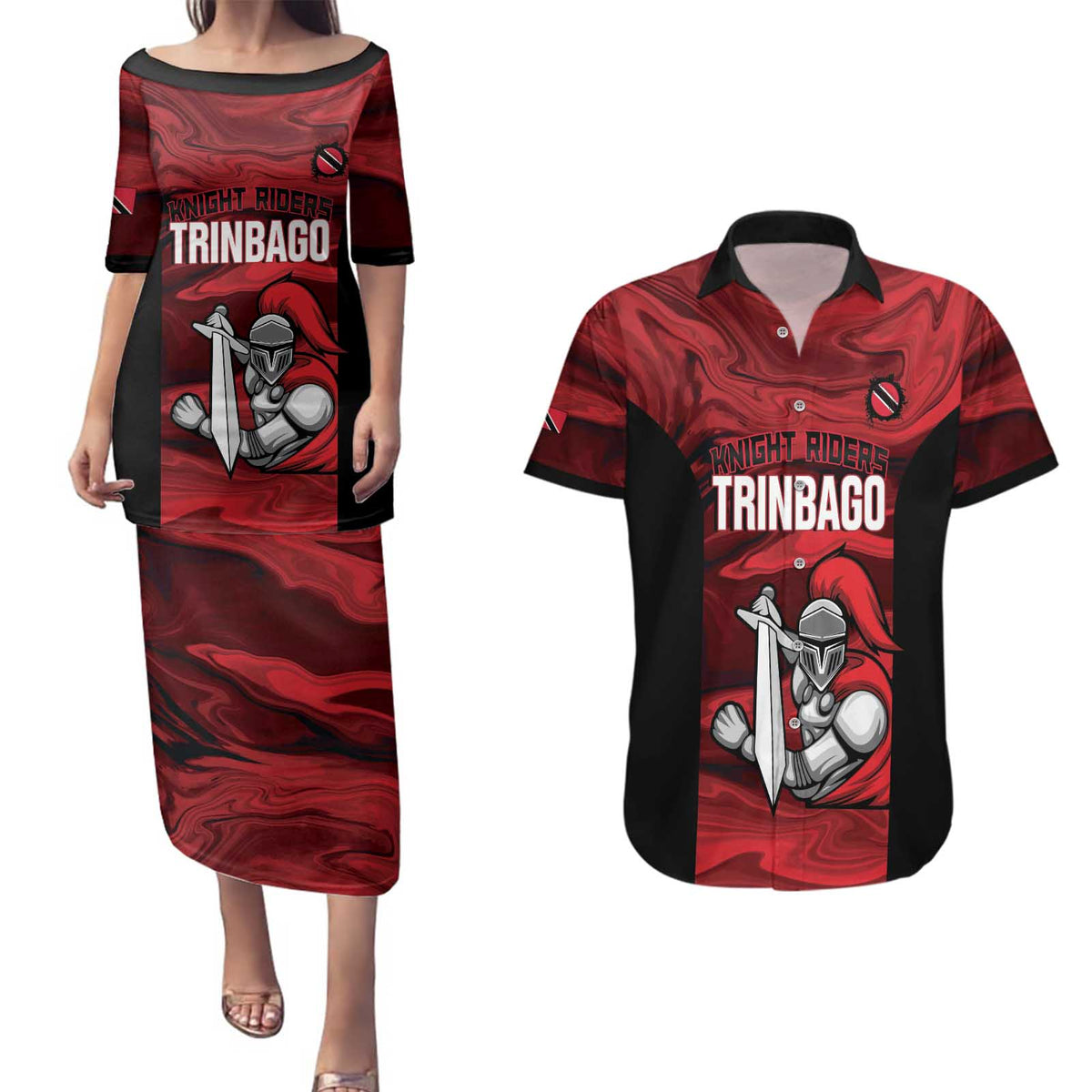 Custom Trinbago Cricket Couples Matching Puletasi and Hawaiian Shirt Go Knight Riders Marble Pattern - Wonder Print Shop