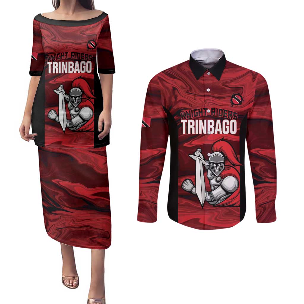 Custom Trinbago Cricket Couples Matching Puletasi and Long Sleeve Button Shirt Go Knight Riders Marble Pattern - Wonder Print Shop