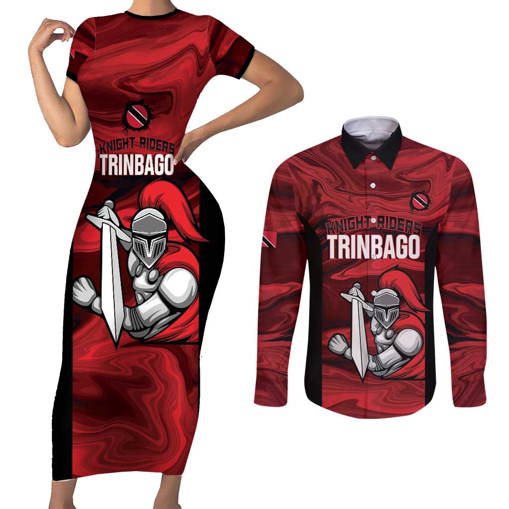 Custom Trinbago Cricket Couples Matching Short Sleeve Bodycon Dress and Long Sleeve Button Shirt Go Knight Riders Marble Pattern - Wonder Print Shop