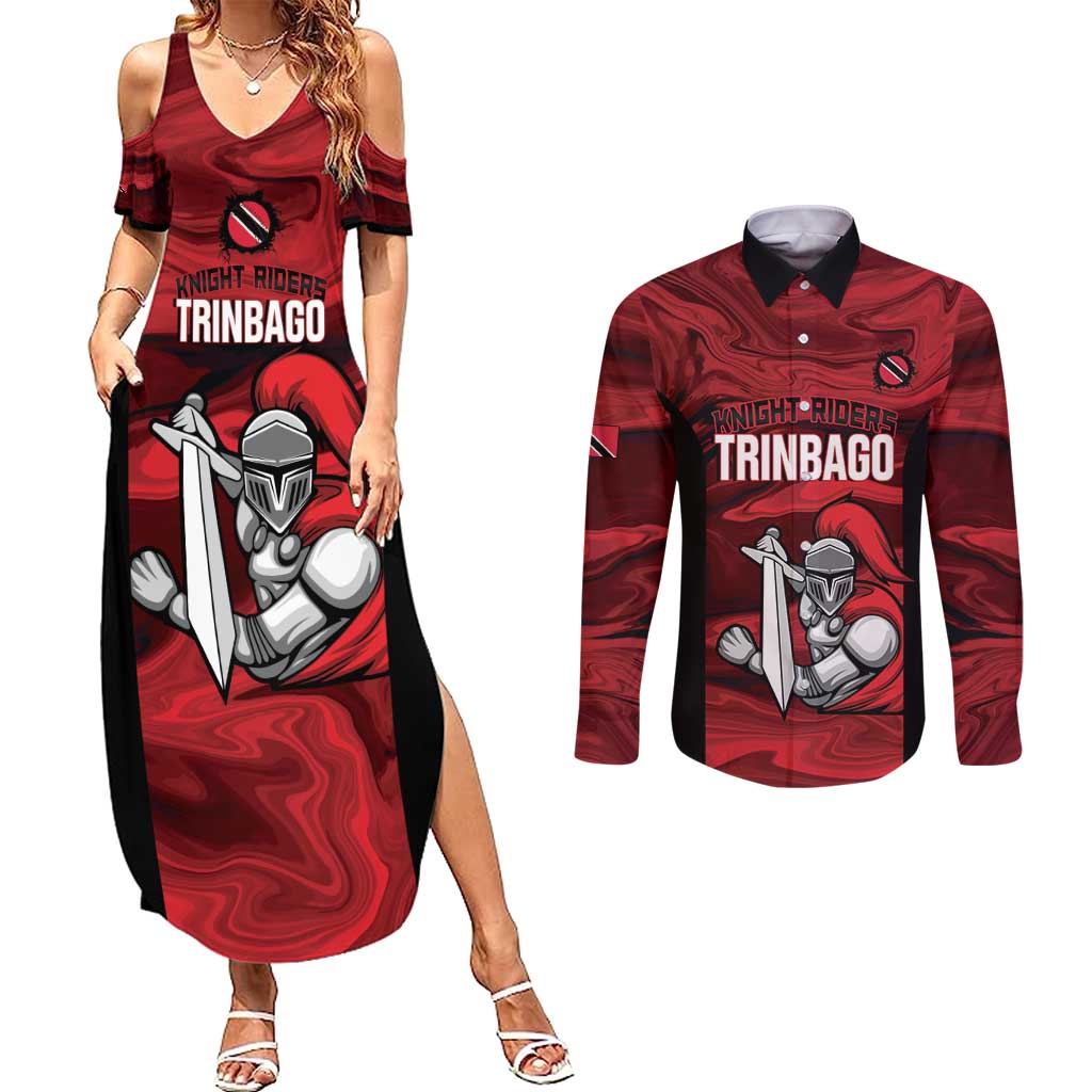 Custom Trinbago Cricket Couples Matching Summer Maxi Dress and Long Sleeve Button Shirt Go Knight Riders Marble Pattern - Wonder Print Shop